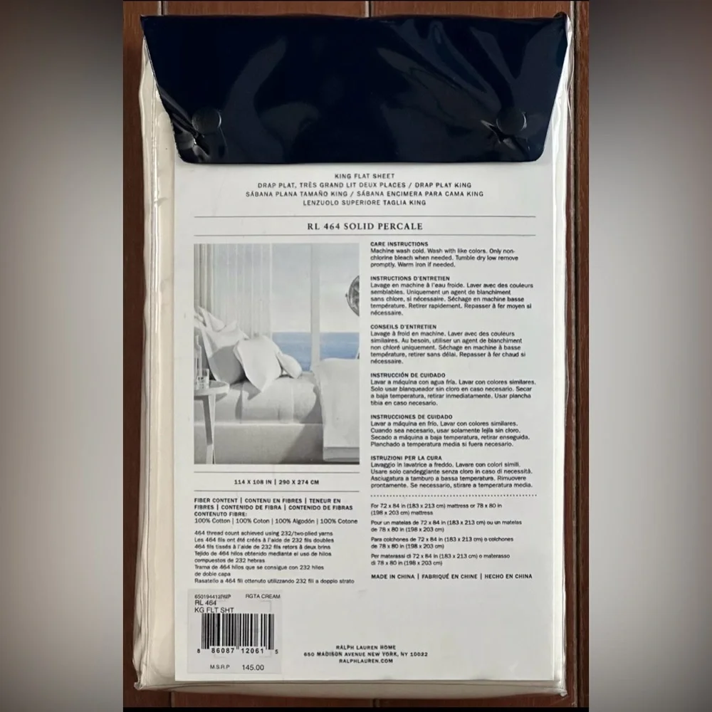 $145 NEW RALPH LAUREN HOME KING FLAT SHEET 464 TC REGATTA CREAM COTTON PERCALE